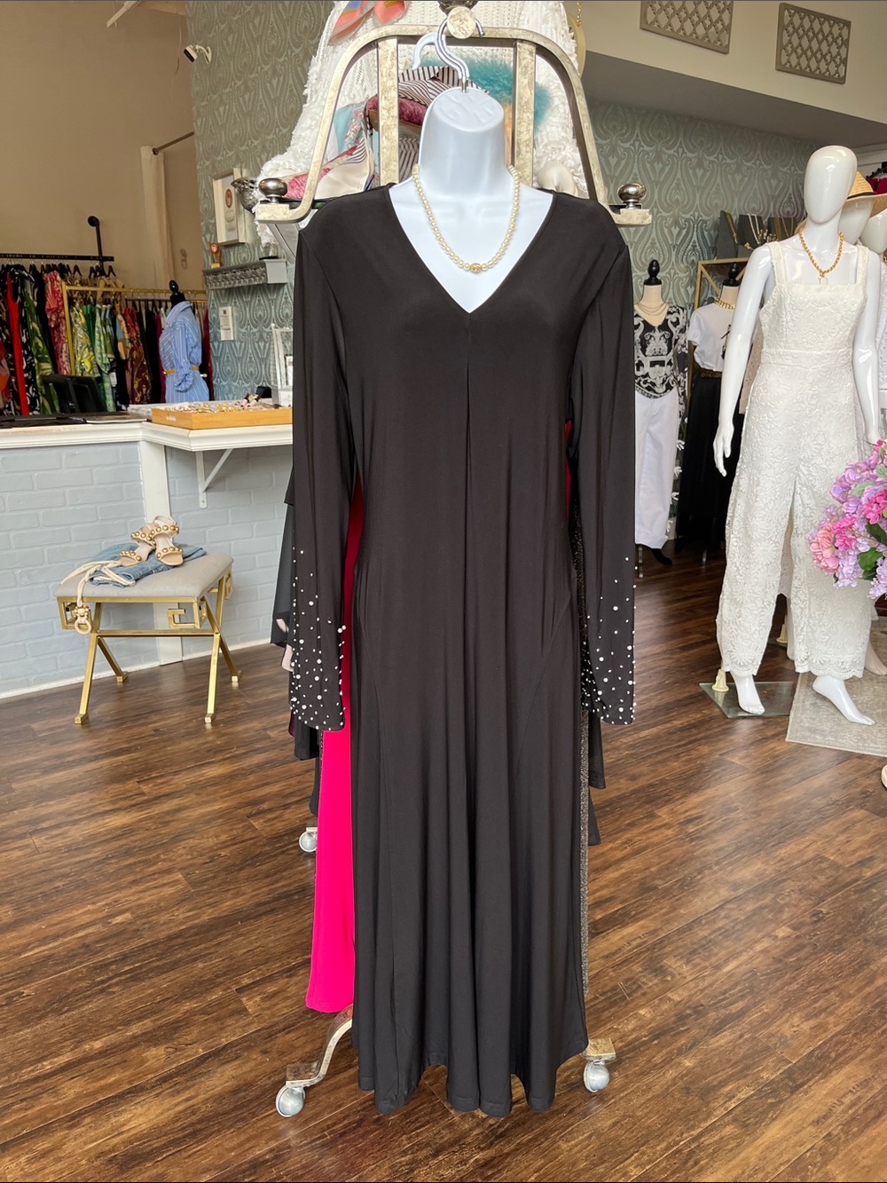 3L12704 Karen Kane Black Maxi Dress with V-Neck and Embellished Cuffs